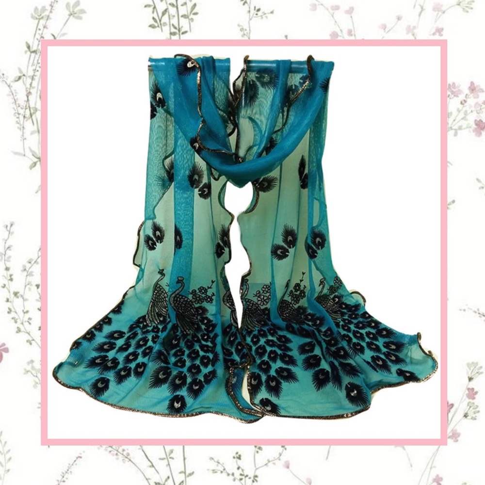 🌸TEAL PEACOCK EMBROIDERED SCARF VELVET WRAP BOHO TURQUOISE LONG MULTIPURPOSE
